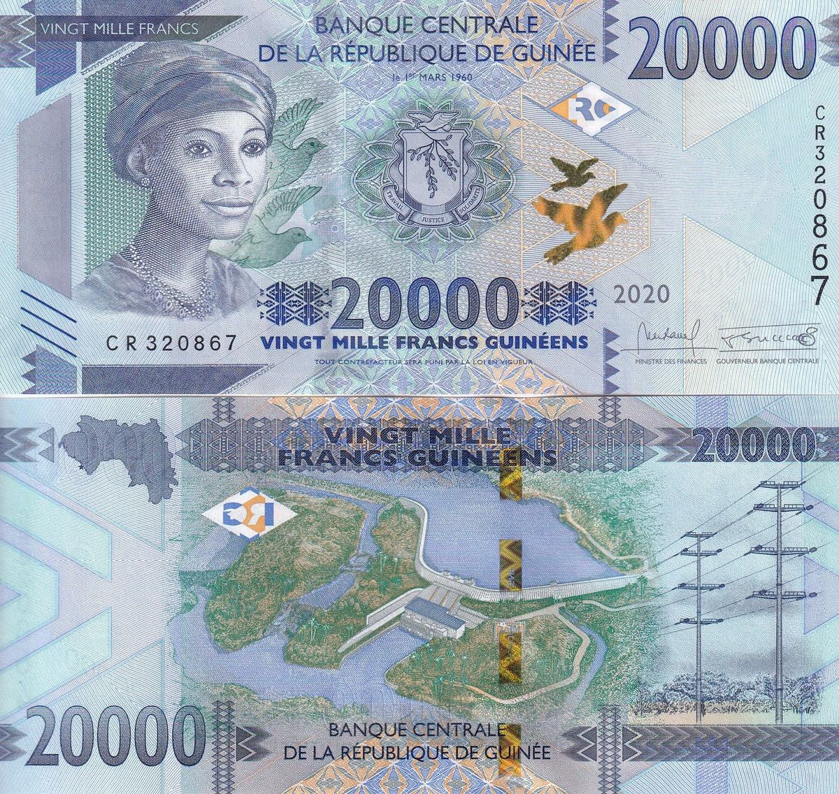 Guinea 20000 Francs 2020 P 50 c UNC ,Outline of Guinea,Kaleta hydroelectric dam