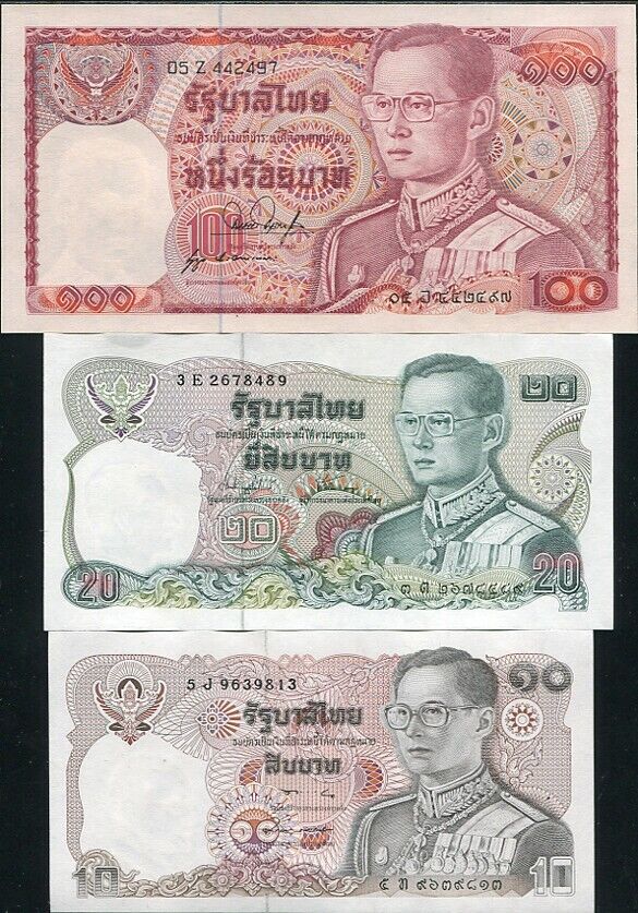 THAILAND SET 3 UNC 10 20 100 BAHT P 87 88 89 RANDOM / MIXED SIGN