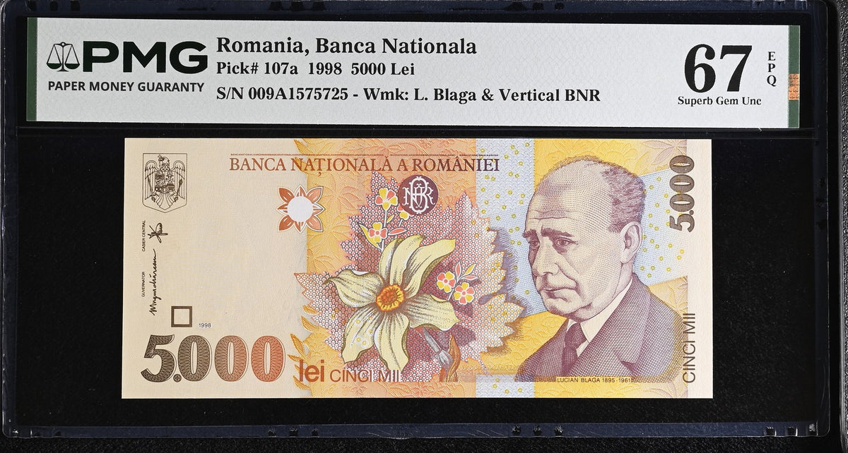 Romania 5000 Lei 1998 P 107 a Superb Gem UNC PMG 67 EPQ ,Vine leave