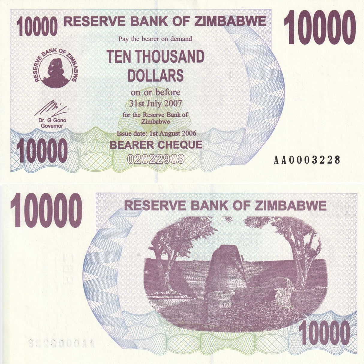 Zimbabwe 10000 Dollars 2006 P 46 a WITHOUT SPACE RARE UNC