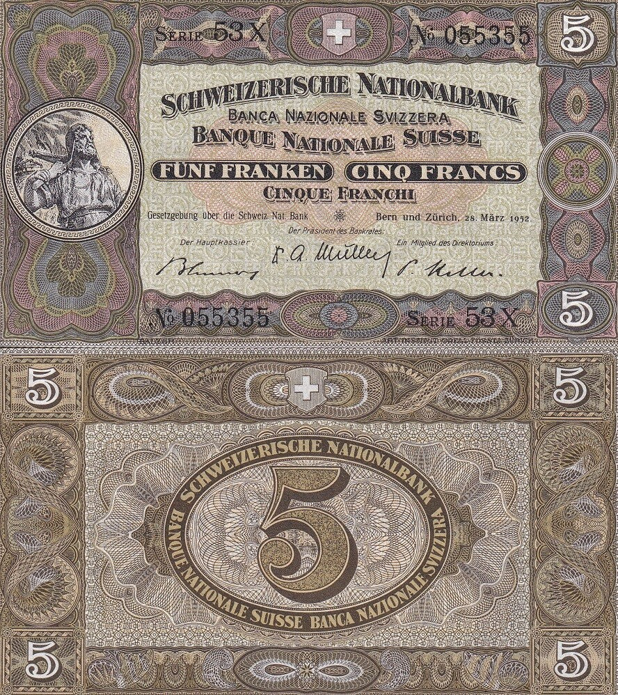 Switzerland 5 Francs 1952 P 11 p UNC , Printer Orell-Fussli, Zurich