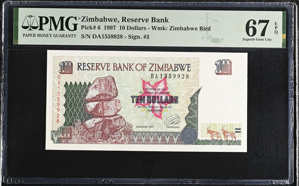 Zimbabwe 10 Dollars 1997 P 6 Superb Gem UNC PMG 67 EPQ