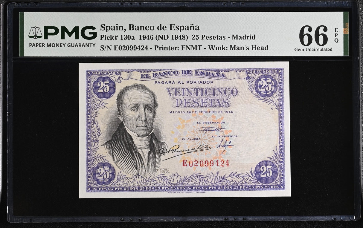 Spain 25 Pesetas 1946 ND 1948 P 130 a Gem UNC PMG 66 EPQ Printer FNMT