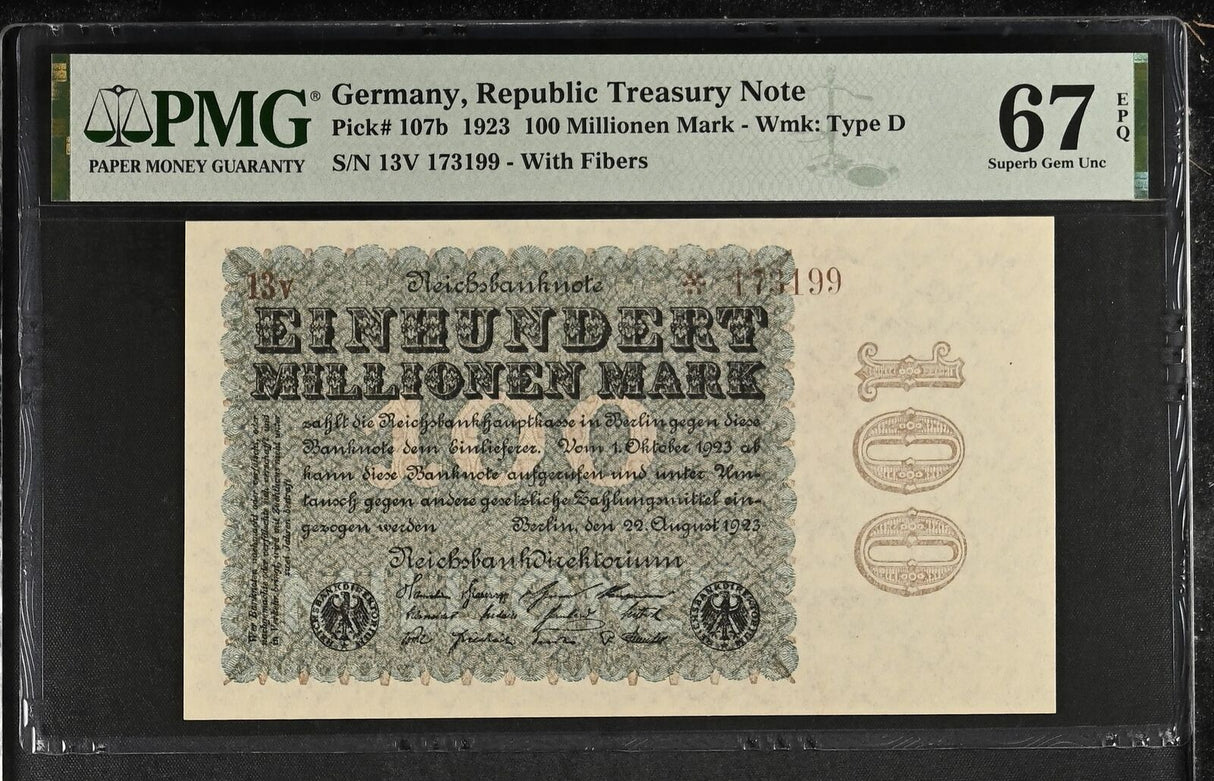 Germany 100 Millionen Mark 1923 P 107 b Superb Gem UNC PMG 67 EPQ TOP POP