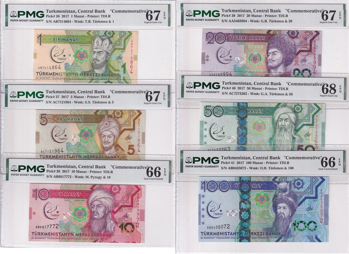 Turkmenistan Set 6, 1 5 10 20-100 Manat 2017 P 36 -41 Gem UNC PMG 66 67 68 EPQ