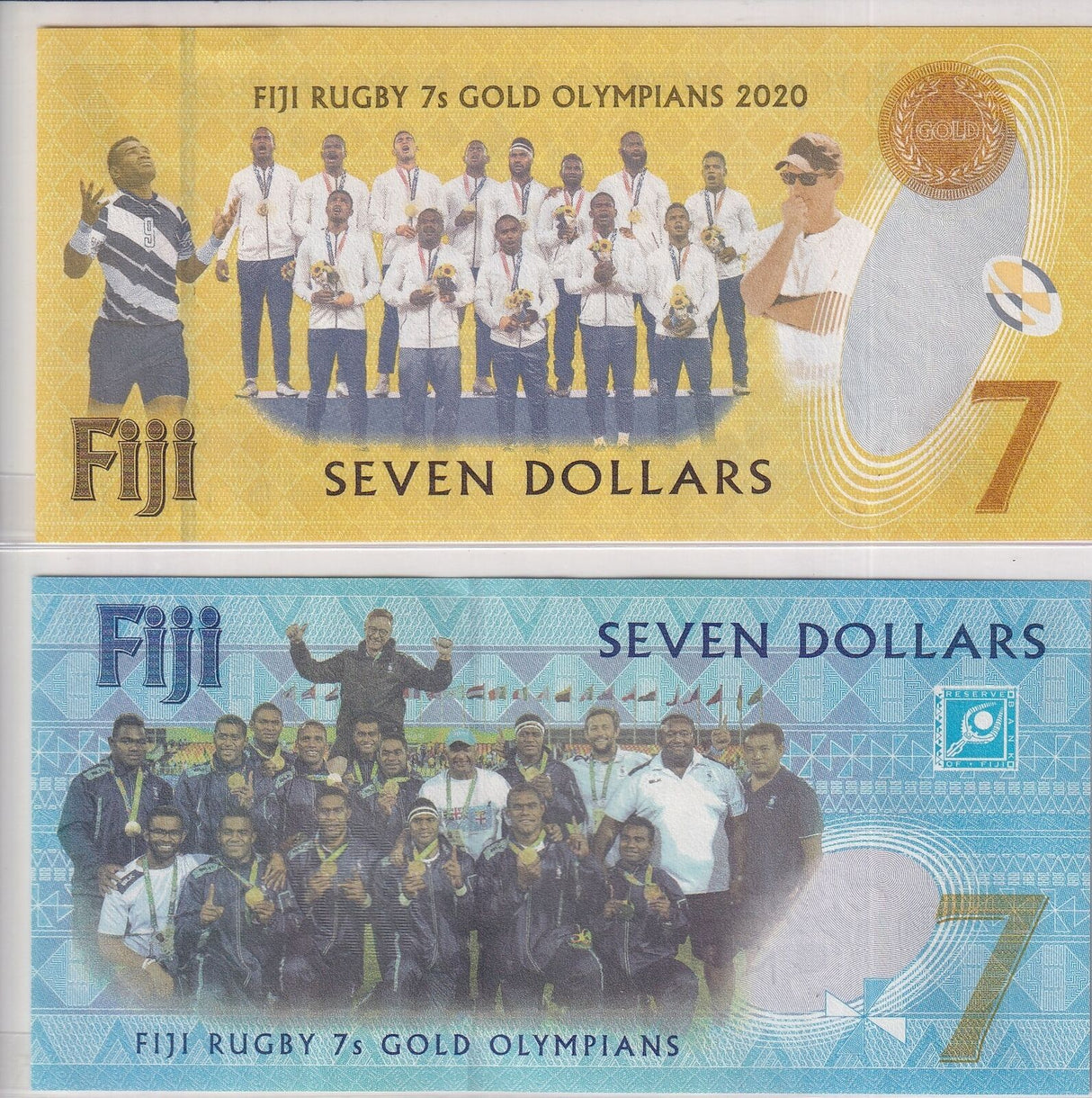 Fiji Set 2 UNC 7 Dollars 2017 AND 2020 Rugby in Commemorative Folder