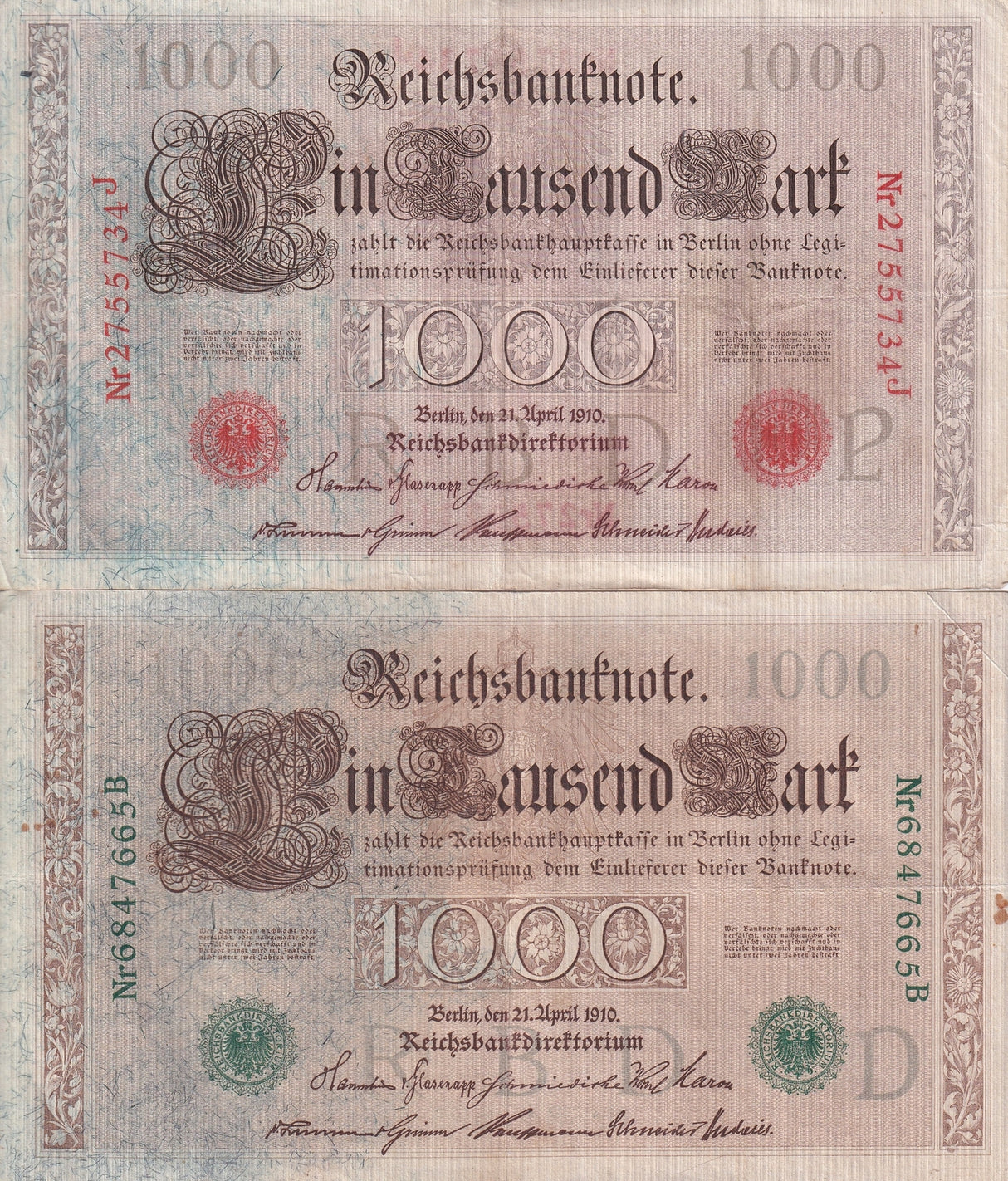 Germany SET 2 , 1000 Mark 1910 Green + Red Seal P 44 45 Fine Used Circulated