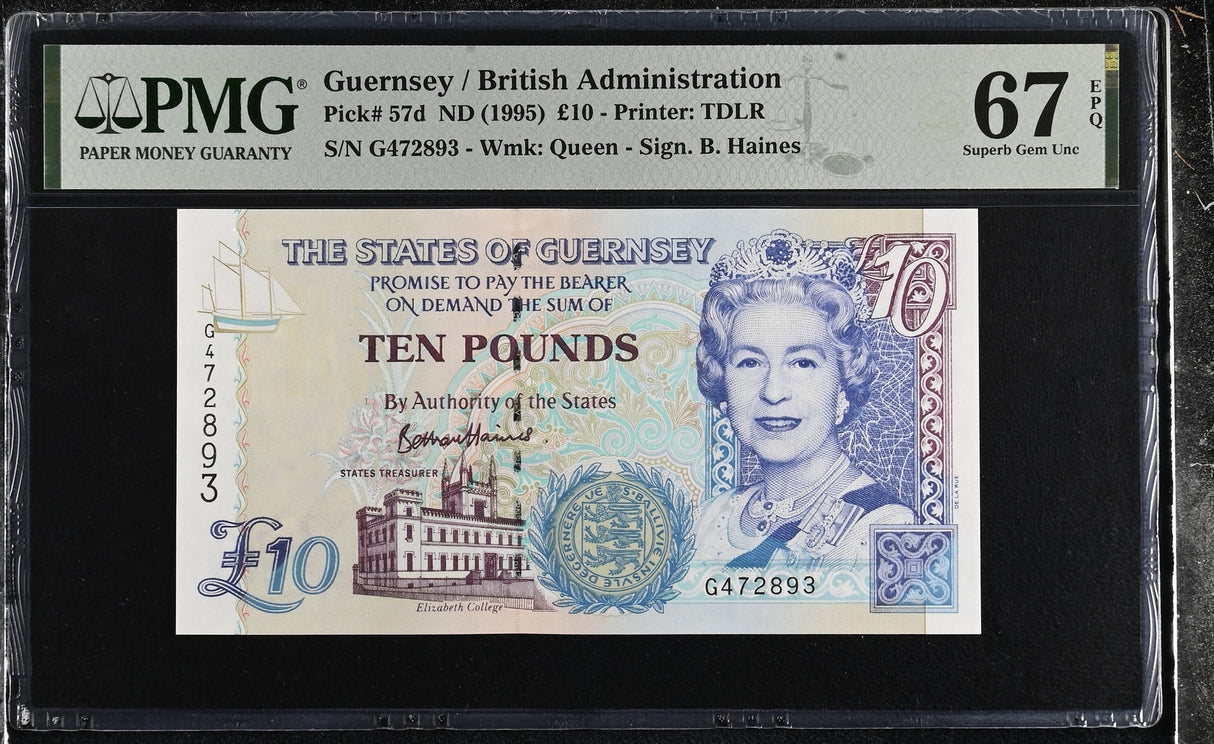 Guernsey 10 Pound ND 1995 P 57 d Haines Superb Gem UNC PMG 67 EPQ
