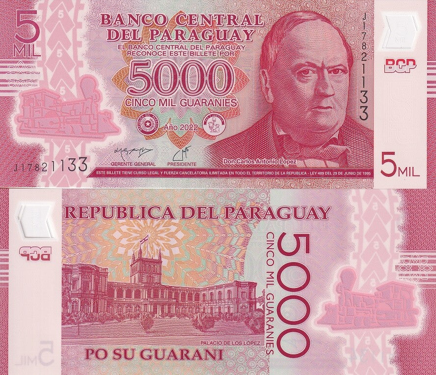 Paraguay 5000 Guaranies 2022 P 234 POLYMER De los López palace UNC