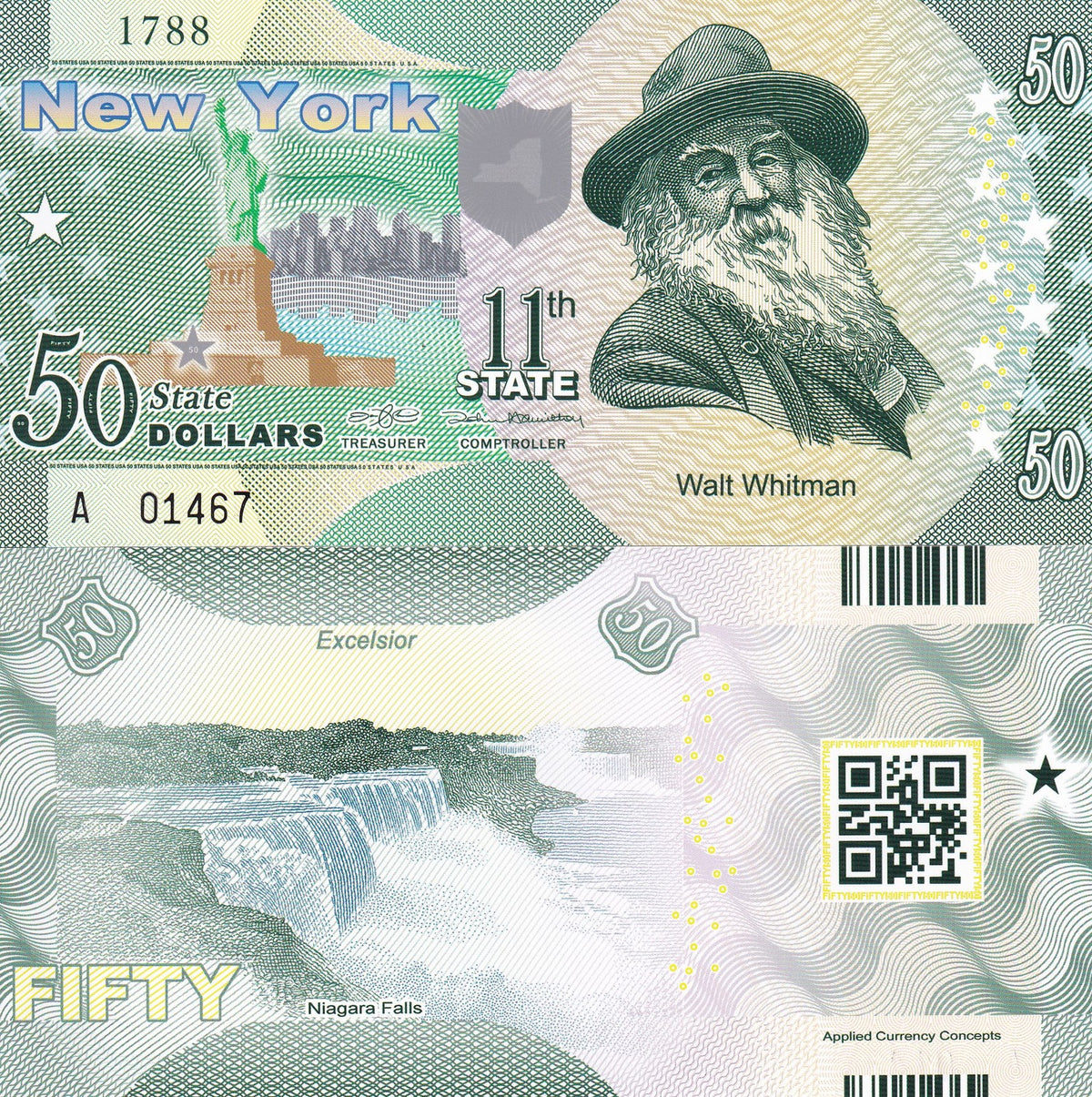 UNITED STATE USA. NEW YORK 50 DOLLARS 2014 11th STATE POLYMER WHITMAN, Private