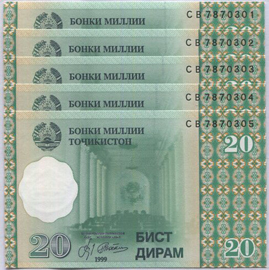 Tajikistan 20 Diram 1999 P 12 UNC LOT 5 PCS