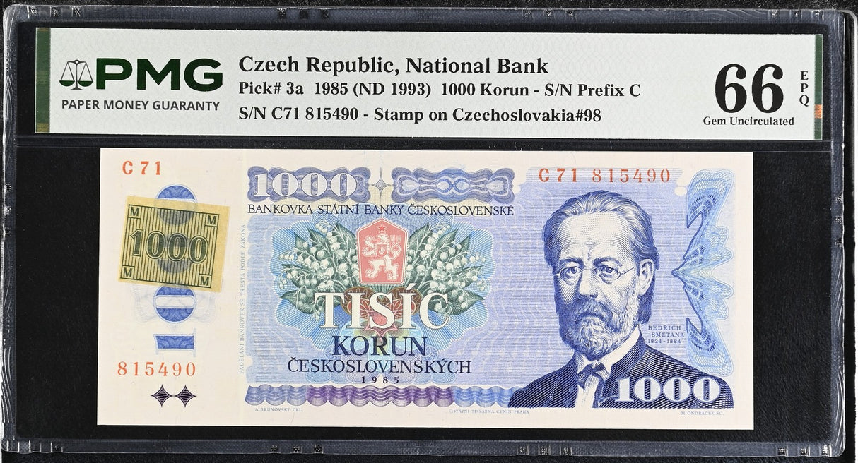 Czech Republic 1000 Korun 1985 ND 1993 Prefix C P 3 a Gem UNC PMG 66 EPQ