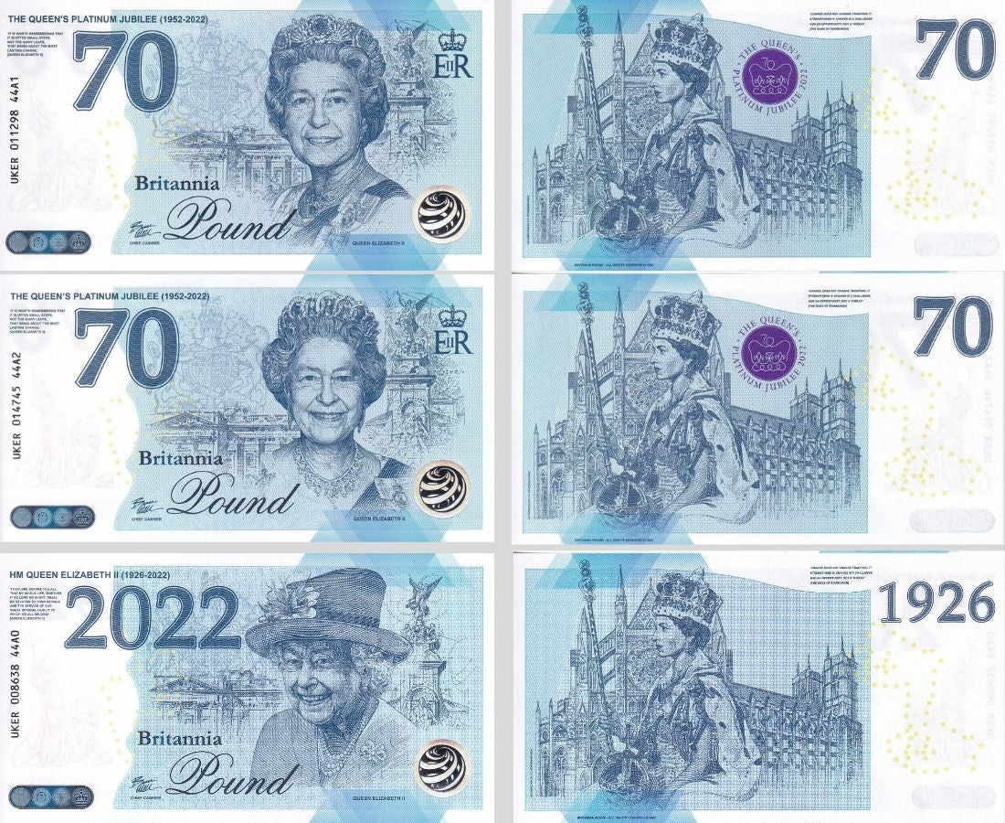 SET 3 Great Britain 70 Britannia Pounds 2022 Test Note Comm QUEEN Elizabeth II