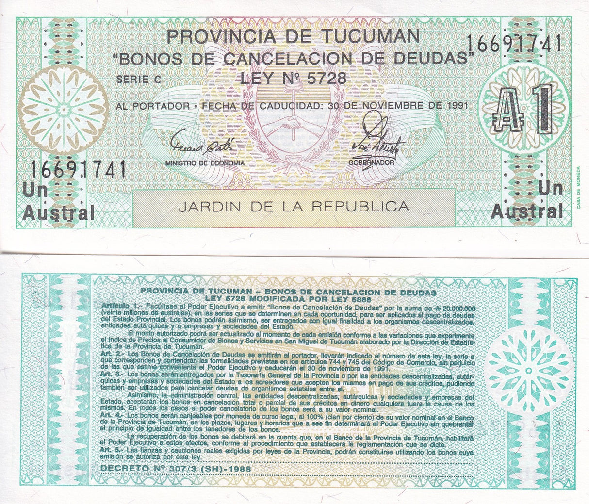 Argentina 1 Austral 1991 P S2711 UNC , Provincia de Tucuman, emergency