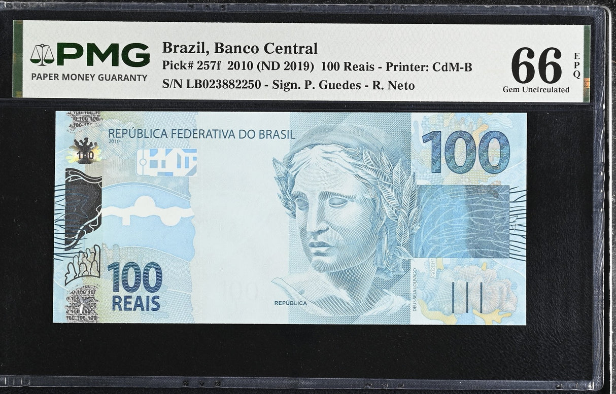 Brazil 100 Reais 2010 ND 2019 P 257 f Gem UNC PMG 66 EPQ