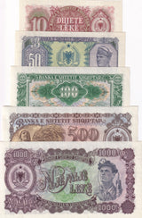 Albania Set 5 AUnc 10 50 100 500 1000 Leke 1957 P 28 29 30 31 32