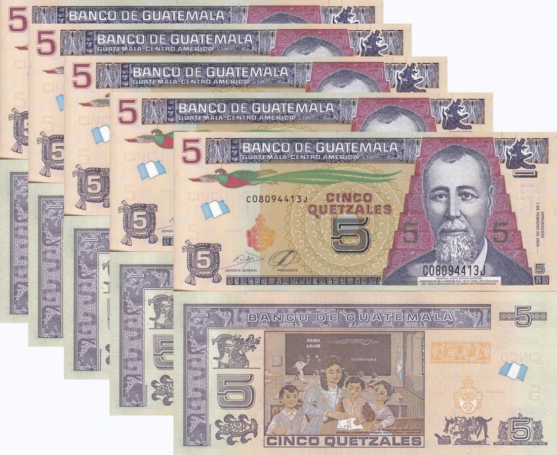 Guatemala 5 Quetzales 2024 2026 New Sign Date P 122Ai UNC LOT 5 PCS