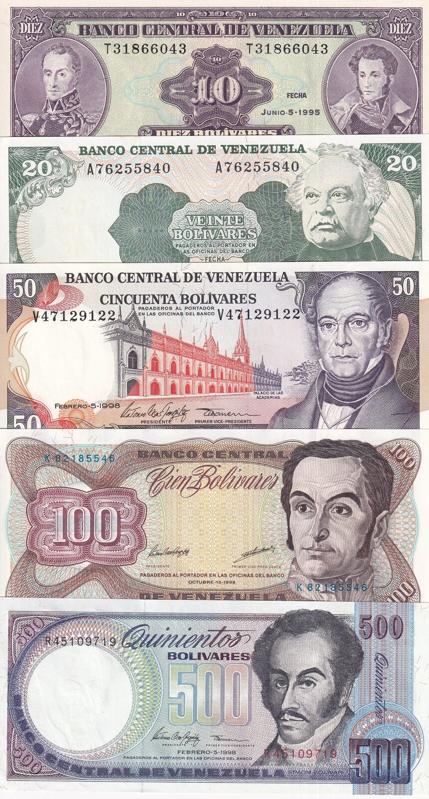 Venezuela Set 5 UNC 10 20 50 100 500 Bolivares Random Year P 61 63 65 66 P 67