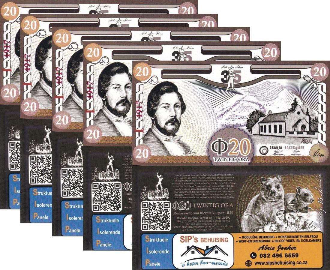 South Africa Orania 20 Ora 2026 - 2029 Original ARt Paper UNC LOT 5 PCS