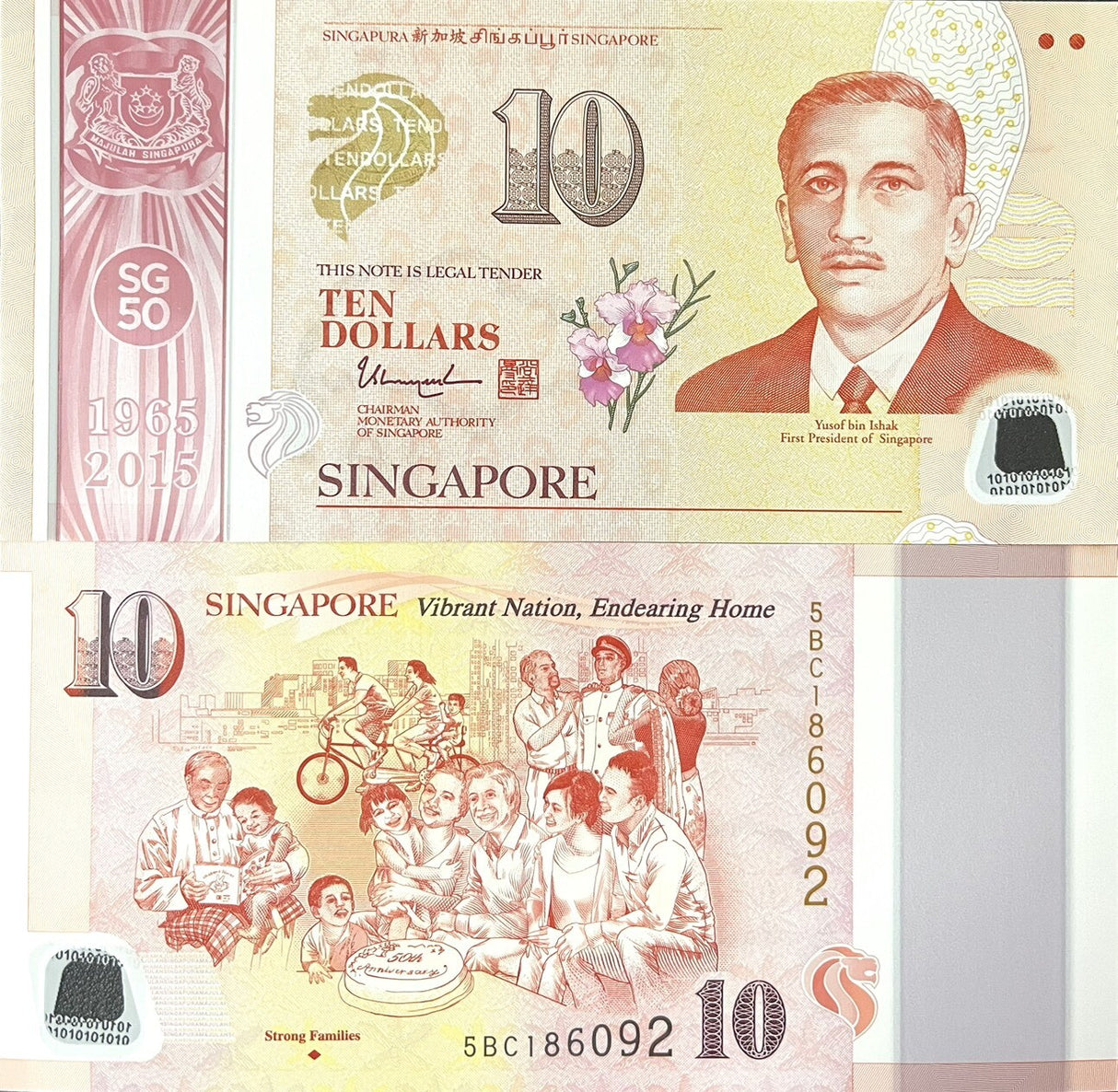 Singapore 10 Dollars ND 2015 P 58 a Polymer Comm. Strong Families UNC