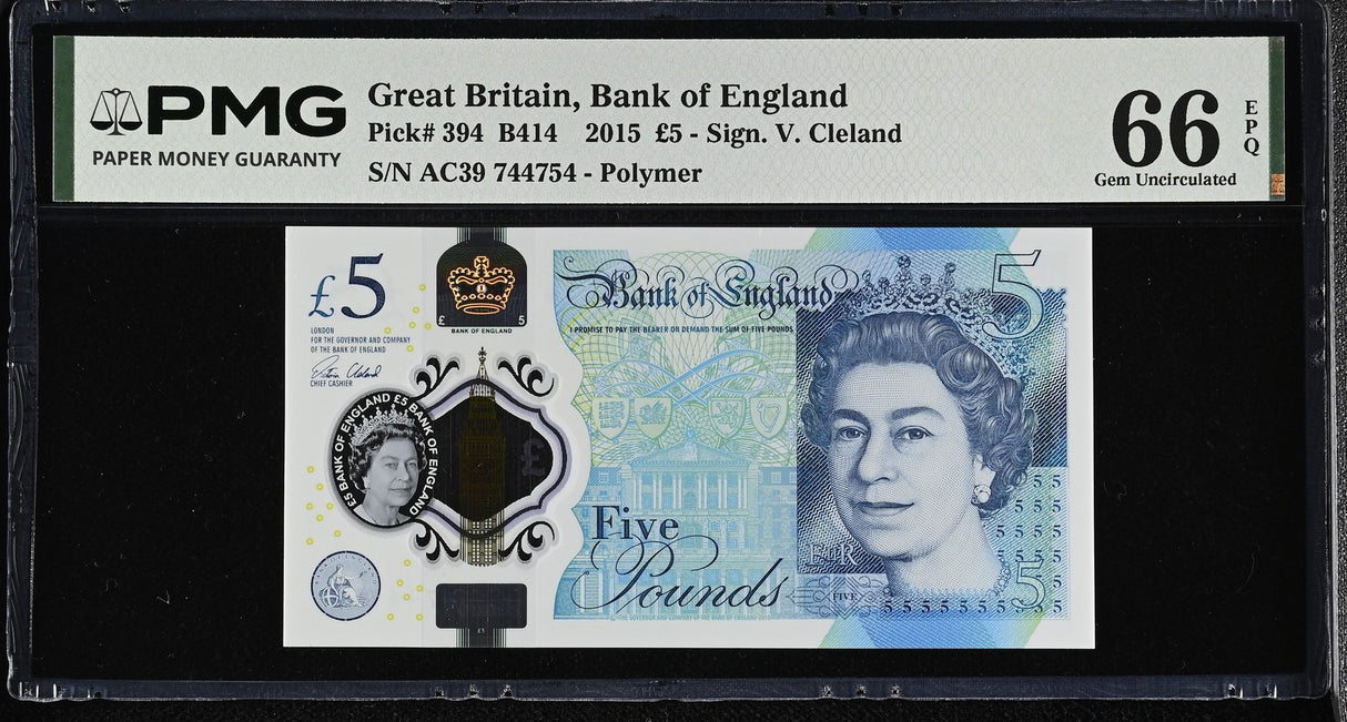 Great Britain 5 Pounds 2015 QE II Polymer P 394 Gem UNC PMG 66 EPQ