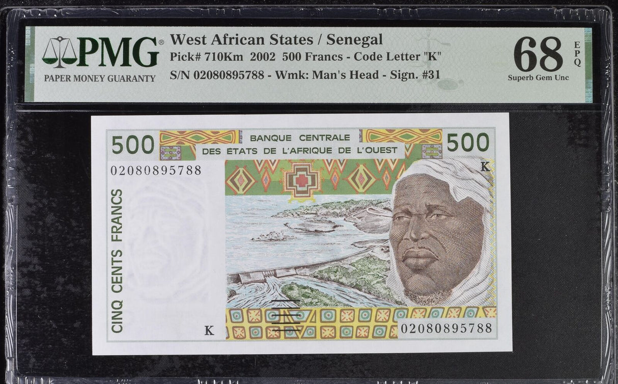 WEST AFRICAN STATES SENEGAL 500 Francs 2002 P 710Km Superb Gem UNC PMG 68 EPQ