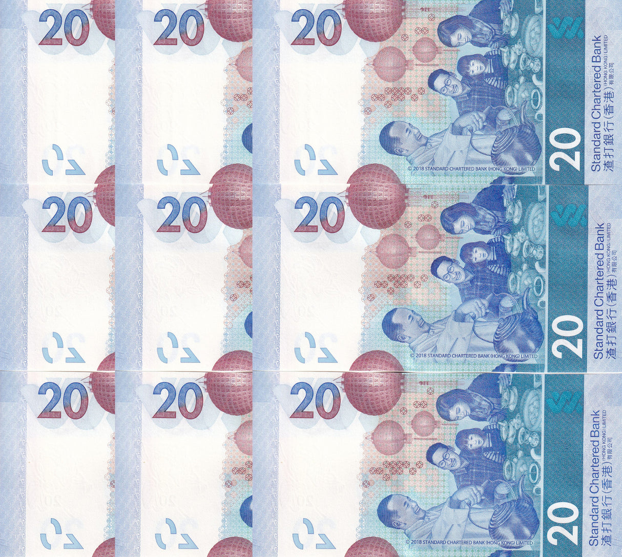 Hong Kong Set 3 X LOT 3 = 9 UNC 20 Dollars Mixed Years P 218 302 348 SCB