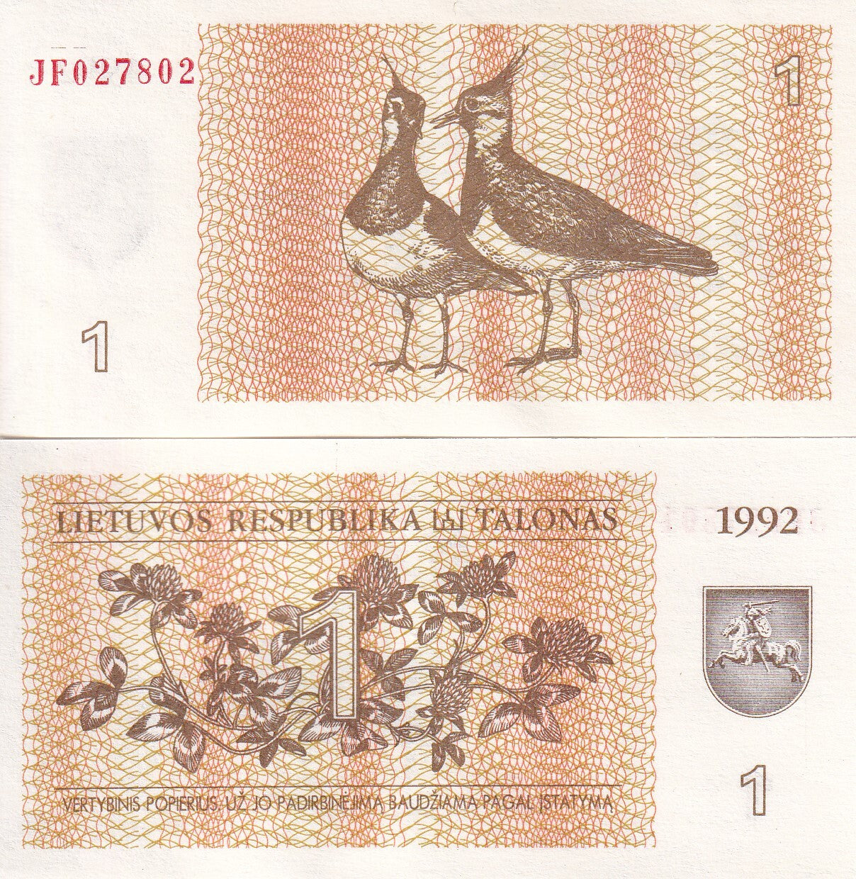 Lithuania 1 Talonas 1992 P 39 UNC ,CLover arms Eurasian lapwings