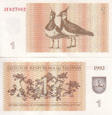 Lithuania 1 Talonas 1992 P 39 UNC ,CLover arms Eurasian lapwings