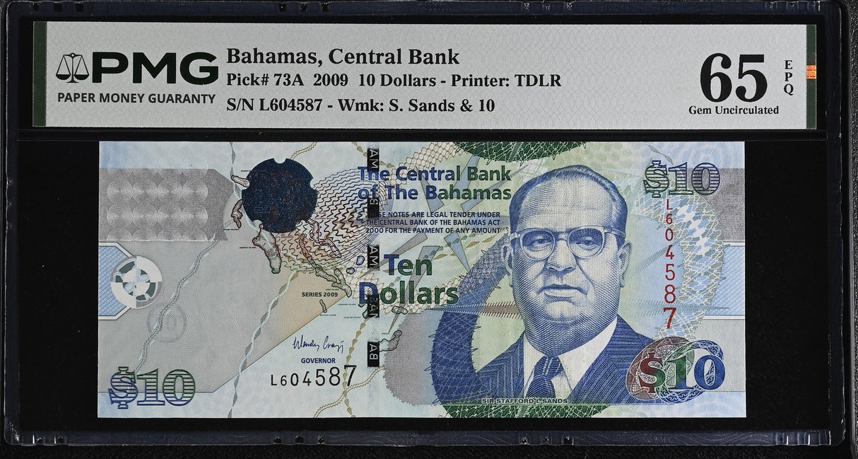 Bahamas 10 Dollars 2009 P 73A Gem UNC PMG 65 EPQ ,Printer TDLR