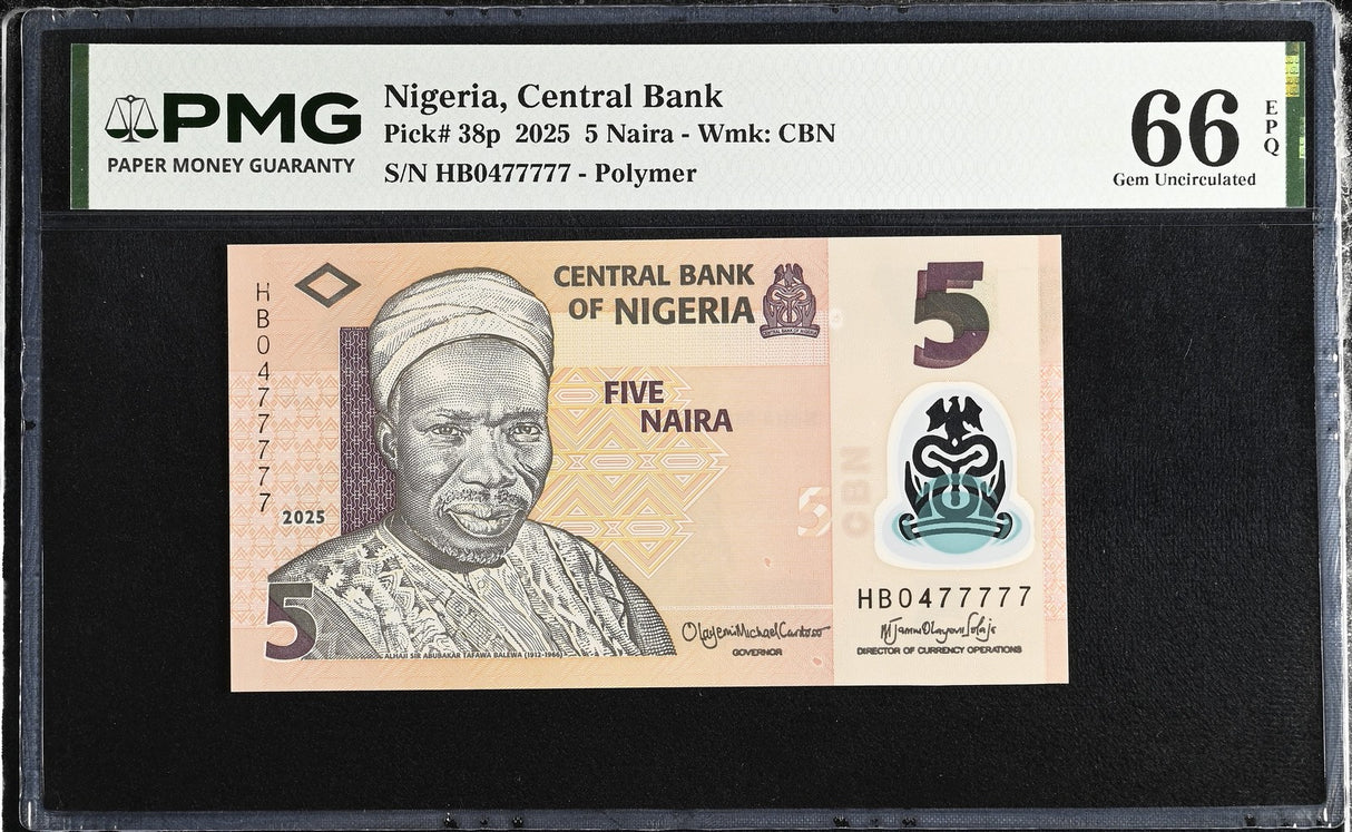 Nigeria 5 Naira 2025 P 38 p Polymer Nice 0477777 Gem UNC PMG 66 EPQ TOP POP
