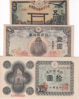 Japan Set 3 AU-UNC 50 Sen 1 10 Yen 1942-1948 P 54 P 59 P 87