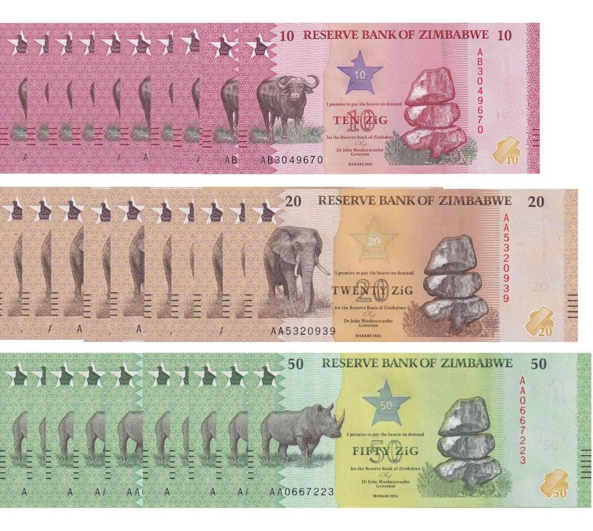 Zimbabwe SET 3 x Lot 10 = 30 UNC 10 20 50 Zig 2026 P 115 116 117 New