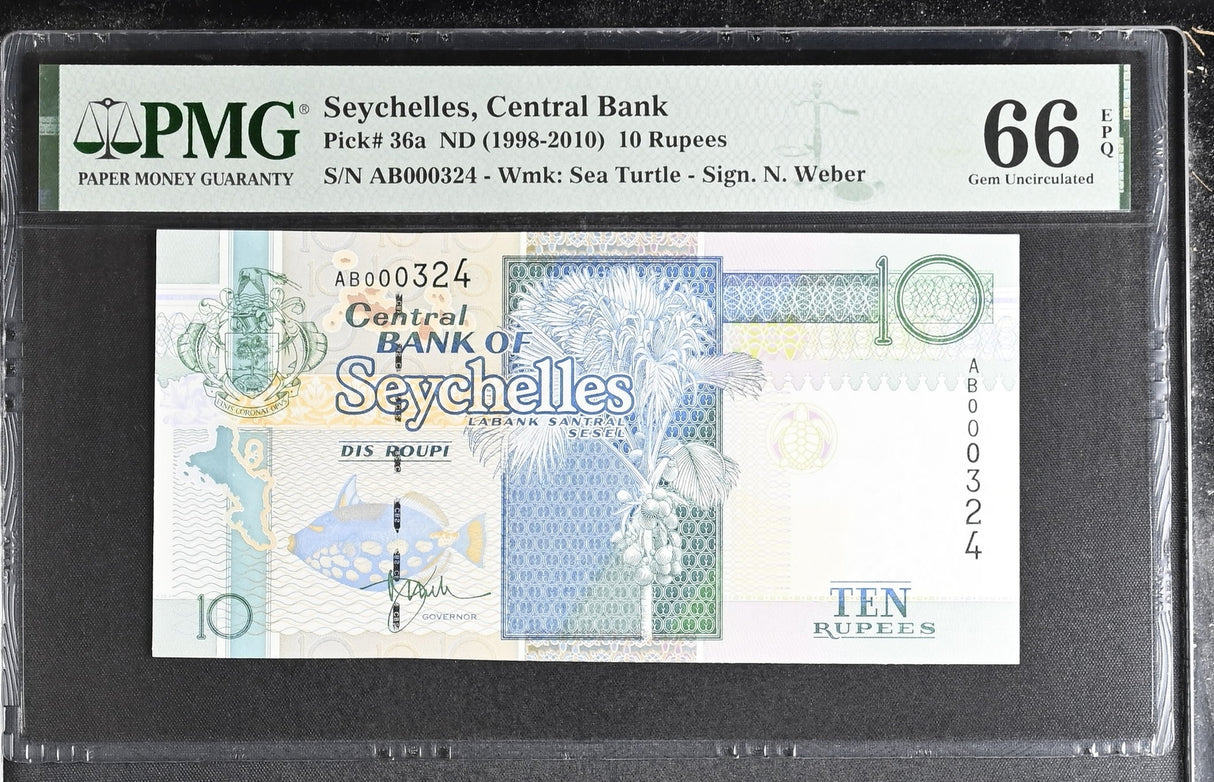 Seychelles 10 Rupees ND 1998-2010 P 36 a LOW 324 Gem UNC PMG 66 EPQ