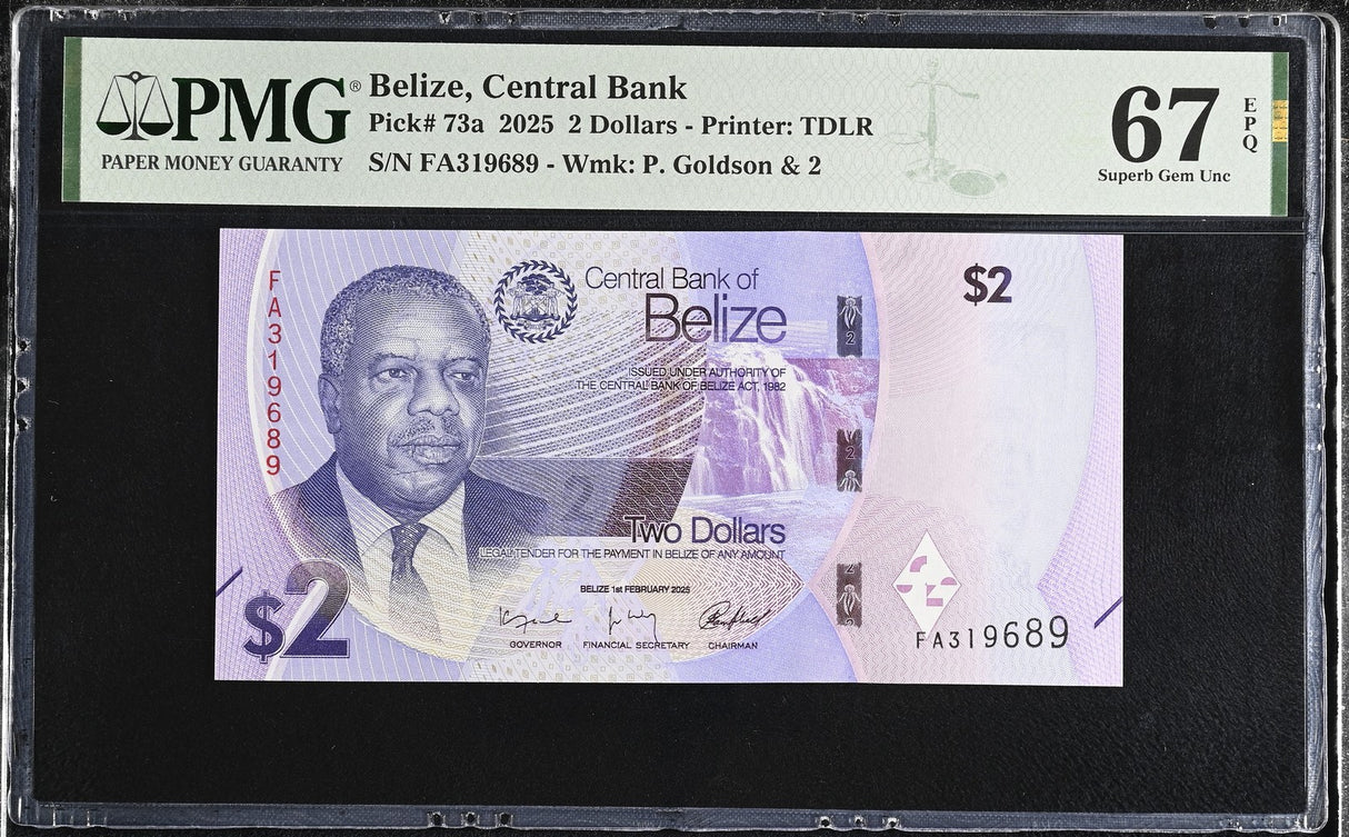 Belize 2 Dollars 2025 P 73 a Superb Gem UNC PMG 67 EPQ