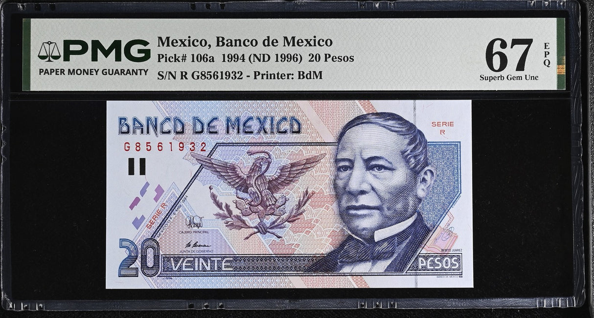 Mexico 20 Pesos 1994 ND 1996 P 106 a Superb Gem UNC PMG 67 EPQ