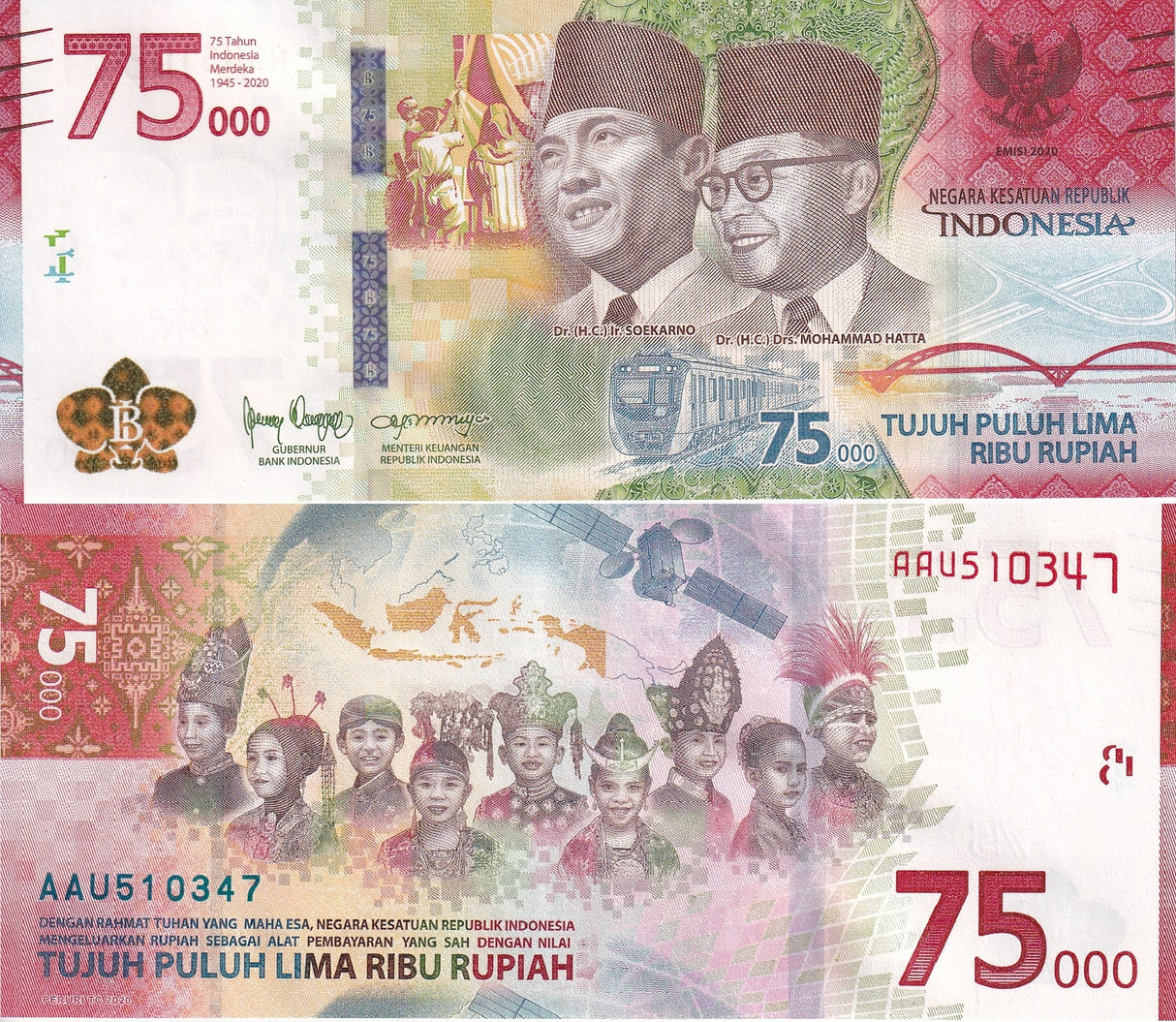 Indonesia 75000 Rupiah 2020 75th Commemorative P 161 UNC W/Folder