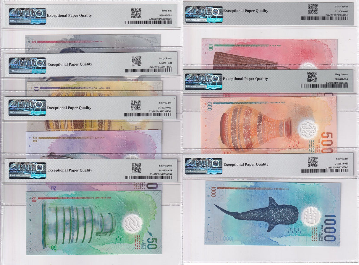 Maldives set 7; 5 -1000 Rufiyaa 2015-2022 P A26- 31 Gem UNC PMG 66 67 68 EPQ