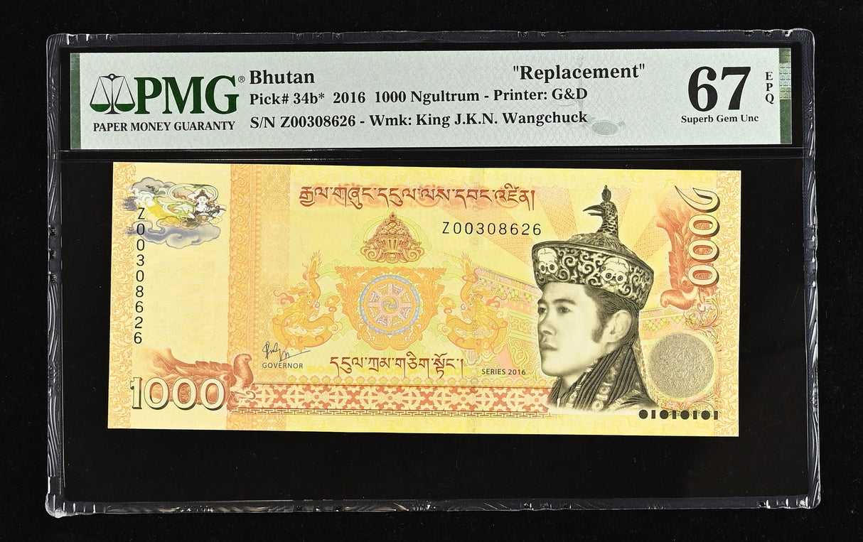 Bhutan 1000 Ngultrum 2016 P 34 b* Replacement Z Prefix Superb Gem UNC PMG 67 EPQ