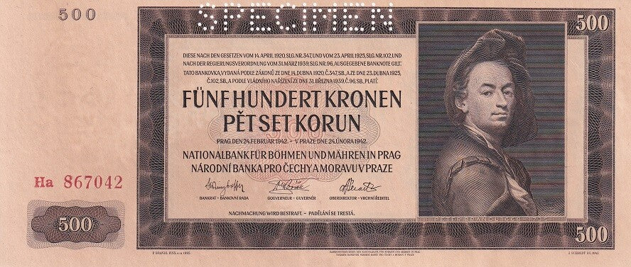 Bohemia BOHEMIA & MORAVIA 500 Korun 1942 P 12 s SPECIMEN UNC ,Peter Brandl