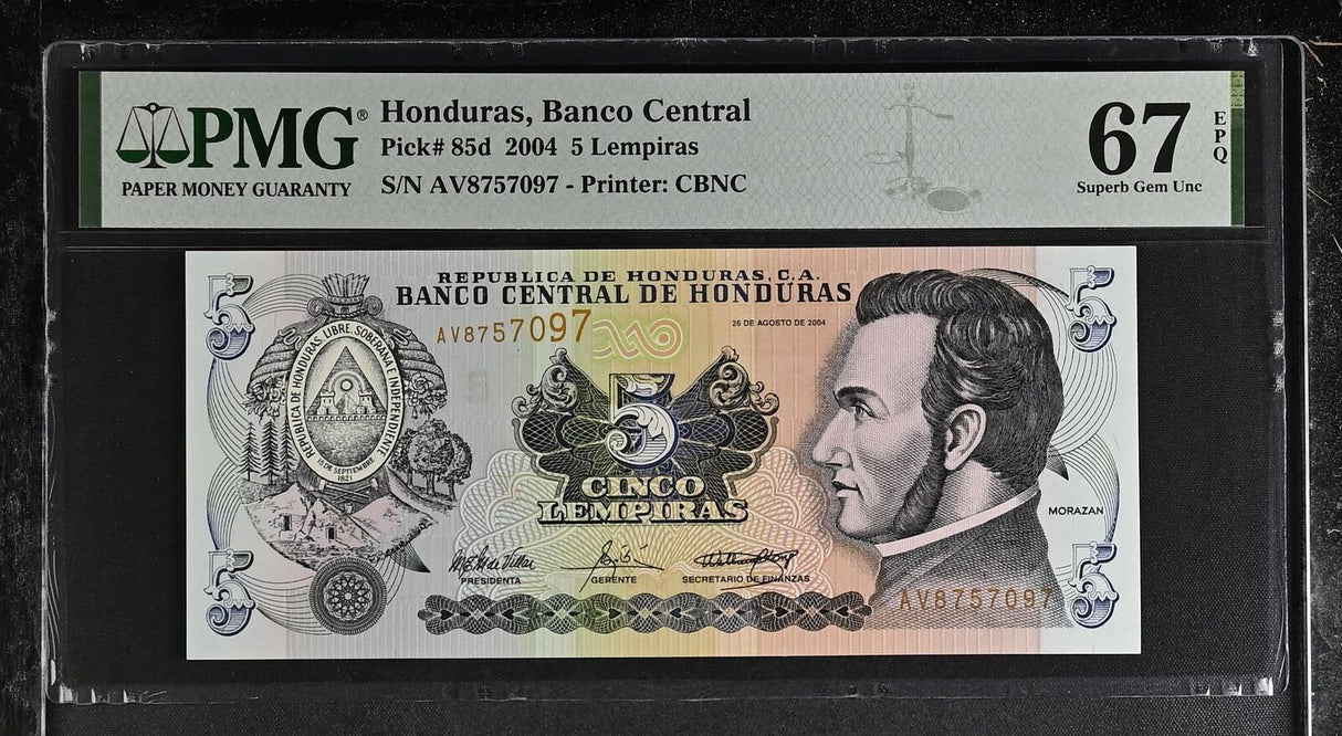 Honduras 5 Lempiras 2004 P 85 d Superb Gem UNC PMG 67 EPQ TOP POP