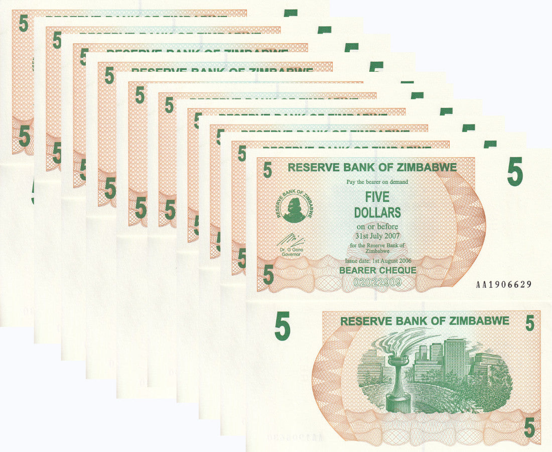 Zimbabwe 5 Dollars 2006 P 38 UNC Lot 10 Pcs