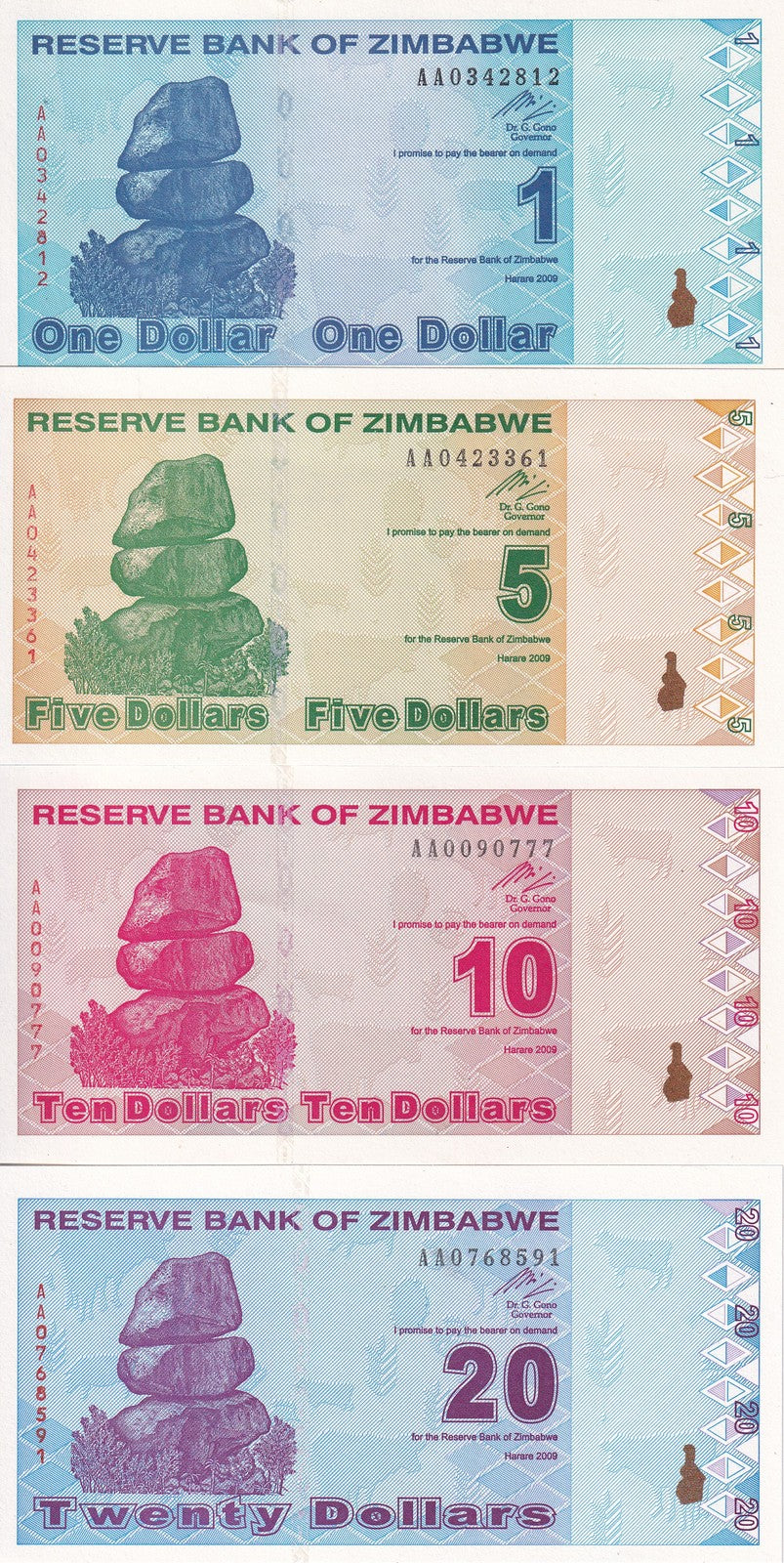 Zimbabwe Set 4 UNC 1 5 10 20 Dollars 2009 P 92 93 94 95 UNC