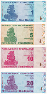 Zimbabwe Set 4 UNC 1 5 10 20 Dollars 2009 P 92 93 94 95 UNC