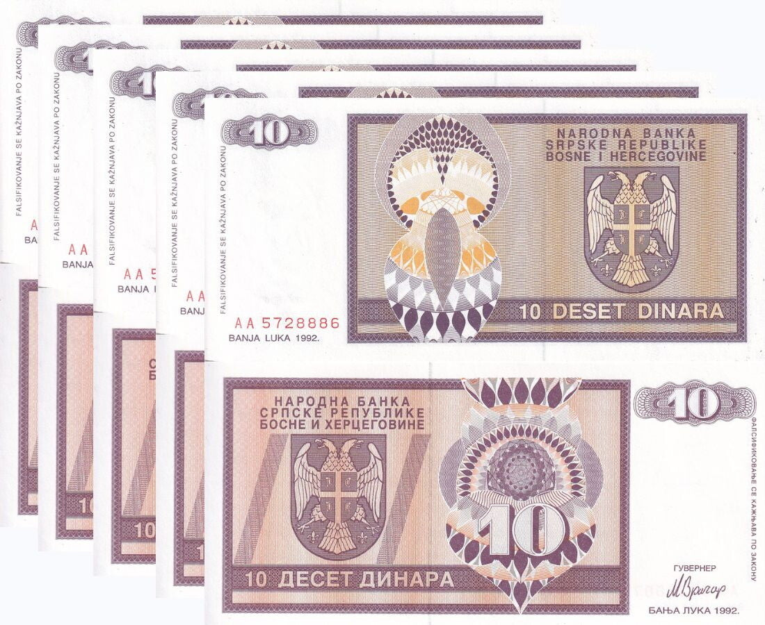 Bosnia Herzegovina 10 Dinara 1992 AA Prefix P 133 UNC LOT 5 PCS
