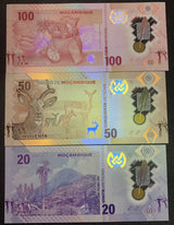 Mozambique set 3 UNC 20 50 100 Met. 2024 Polymer P 155 156 157 LOT 3 SETS 9 Pcs