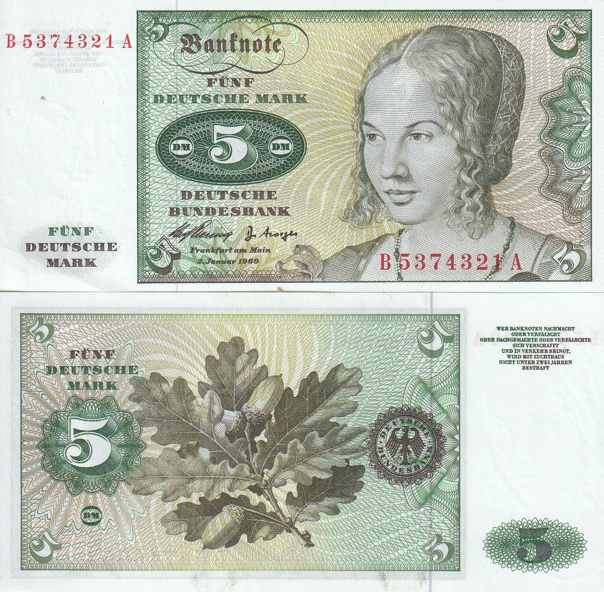 Germany Federal Republic 5 Deutsche Mark 1960 P 18 AUnc