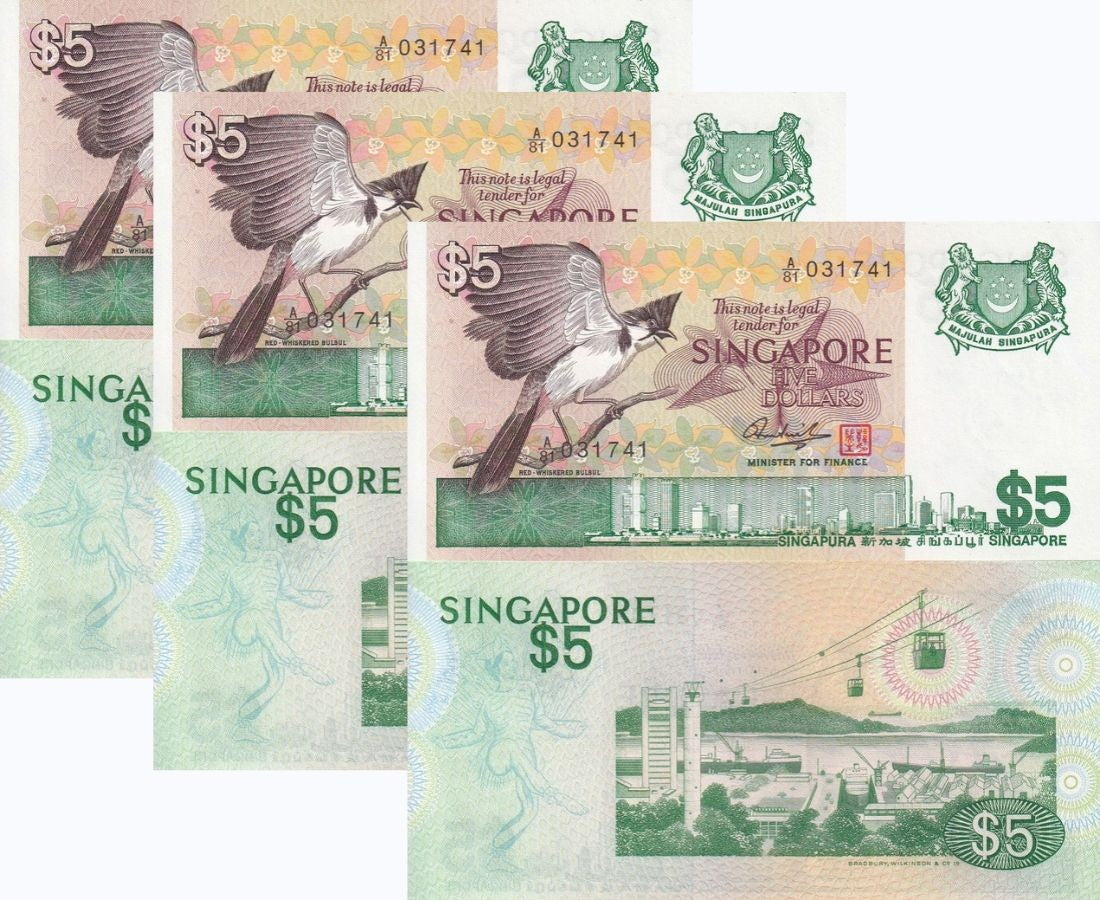 Singapore 5 Dollars ND 1976 P 10 UNC ,Cable car to Sentosa Island, LOT 3 PCS