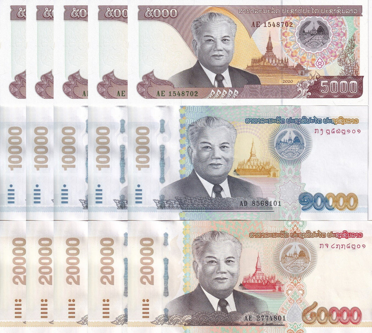 Laos Set 3 X LOT 5 = 15 UNC 5000 10000 20000 Kip 2020/2022 P 41Aa 41b 41C