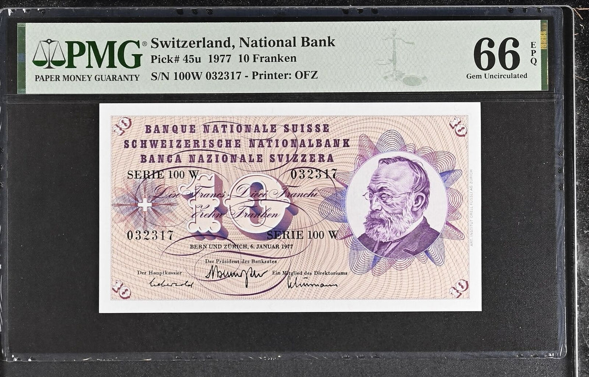 Switzerland 10 Franken 1977 P 45 u Gem UNC PMG 66 EPQ